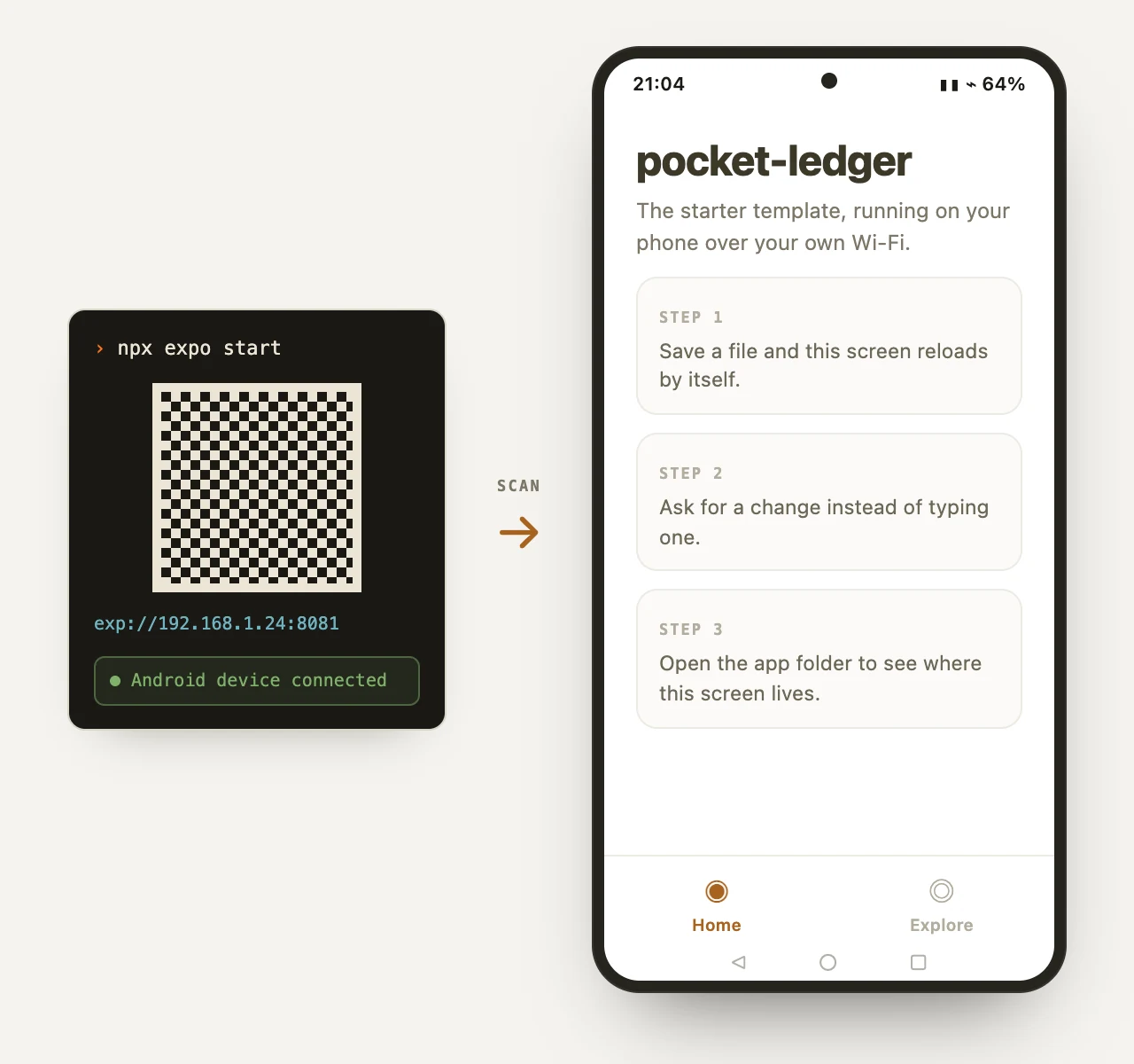 An Android phone showing the starter Expo app running, next to the terminal line confirming the phone connected to the dev server