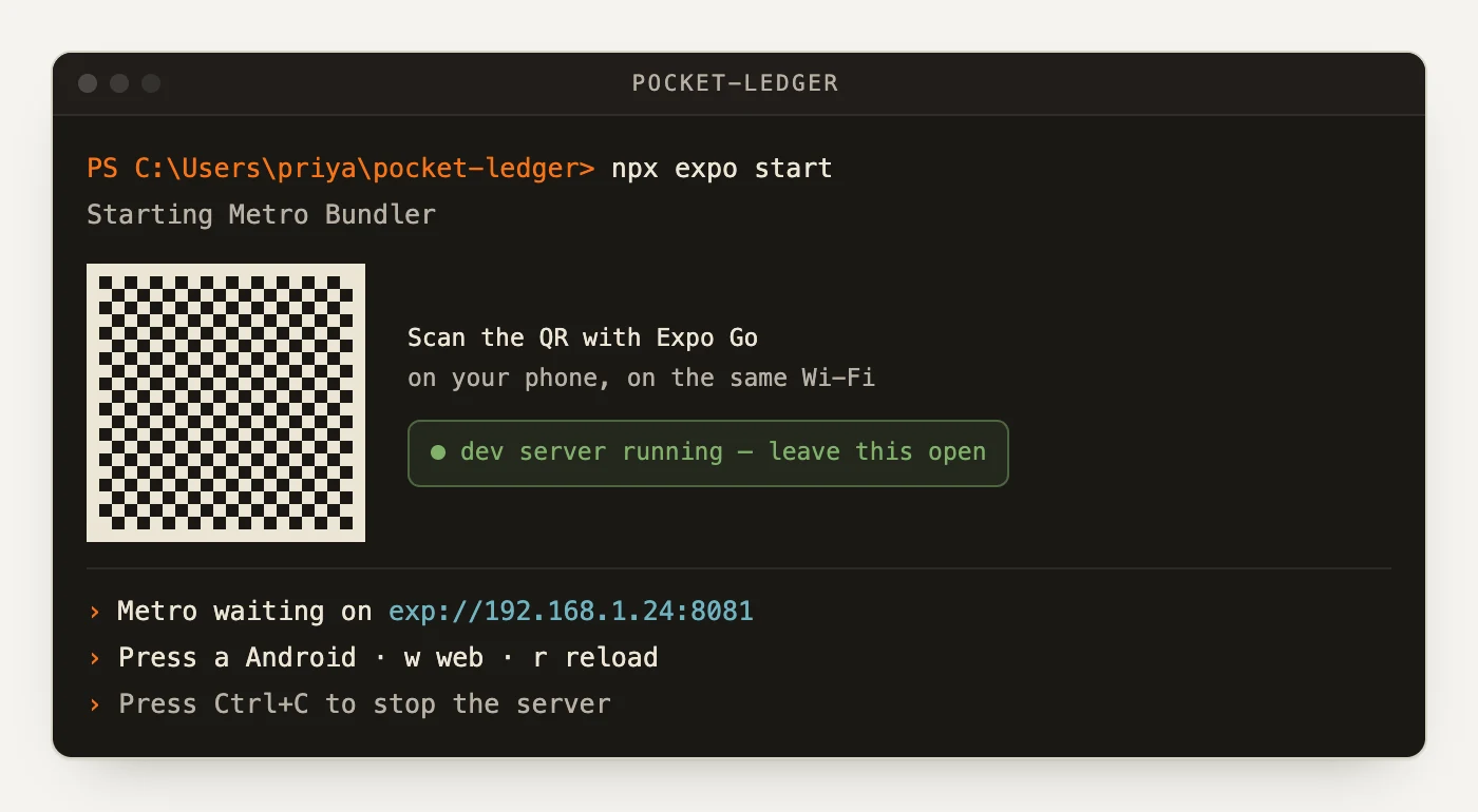 A terminal showing the Expo dev server with a QR code and the Metro waiting on exp line beneath it