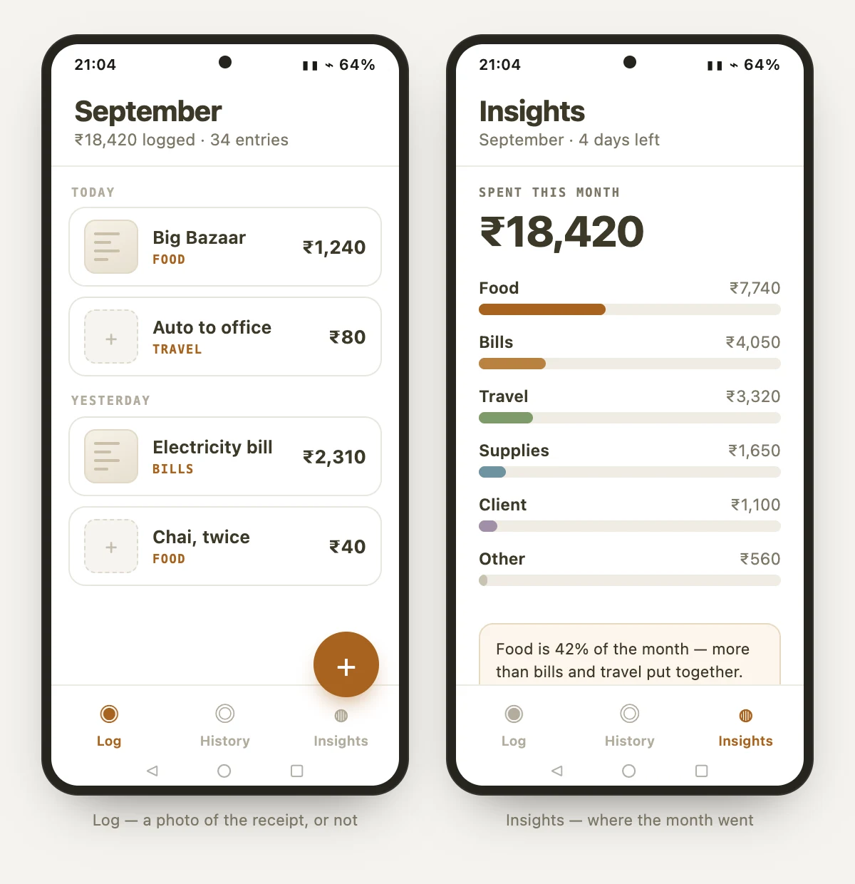 Two Android phone screens showing the finished spending tracker: a log list with receipt thumbnails, and a monthly category breakdown
