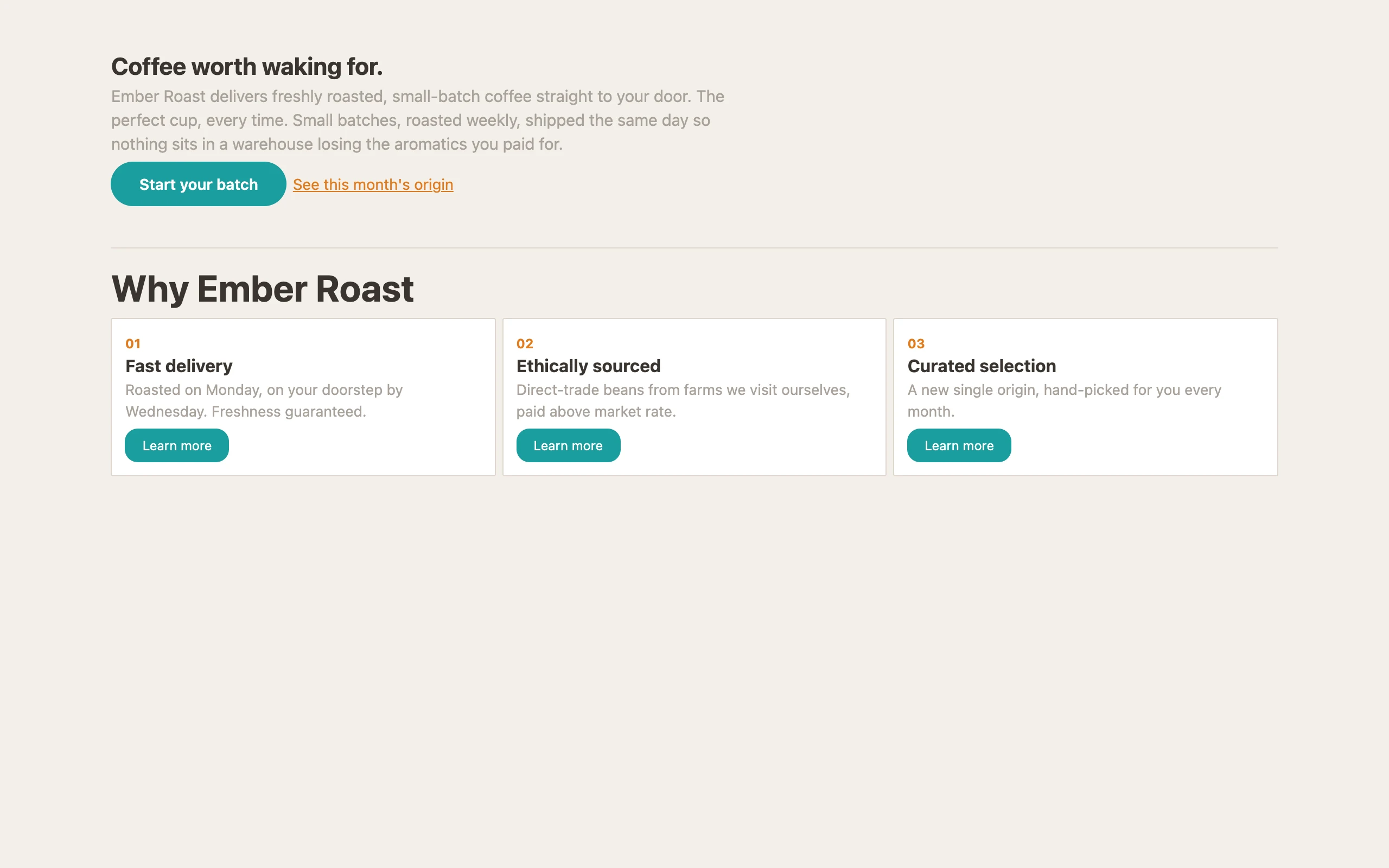 An Ember Roast page with five deliberate design flaws to find, including broken hierarchy and two competing accent colors