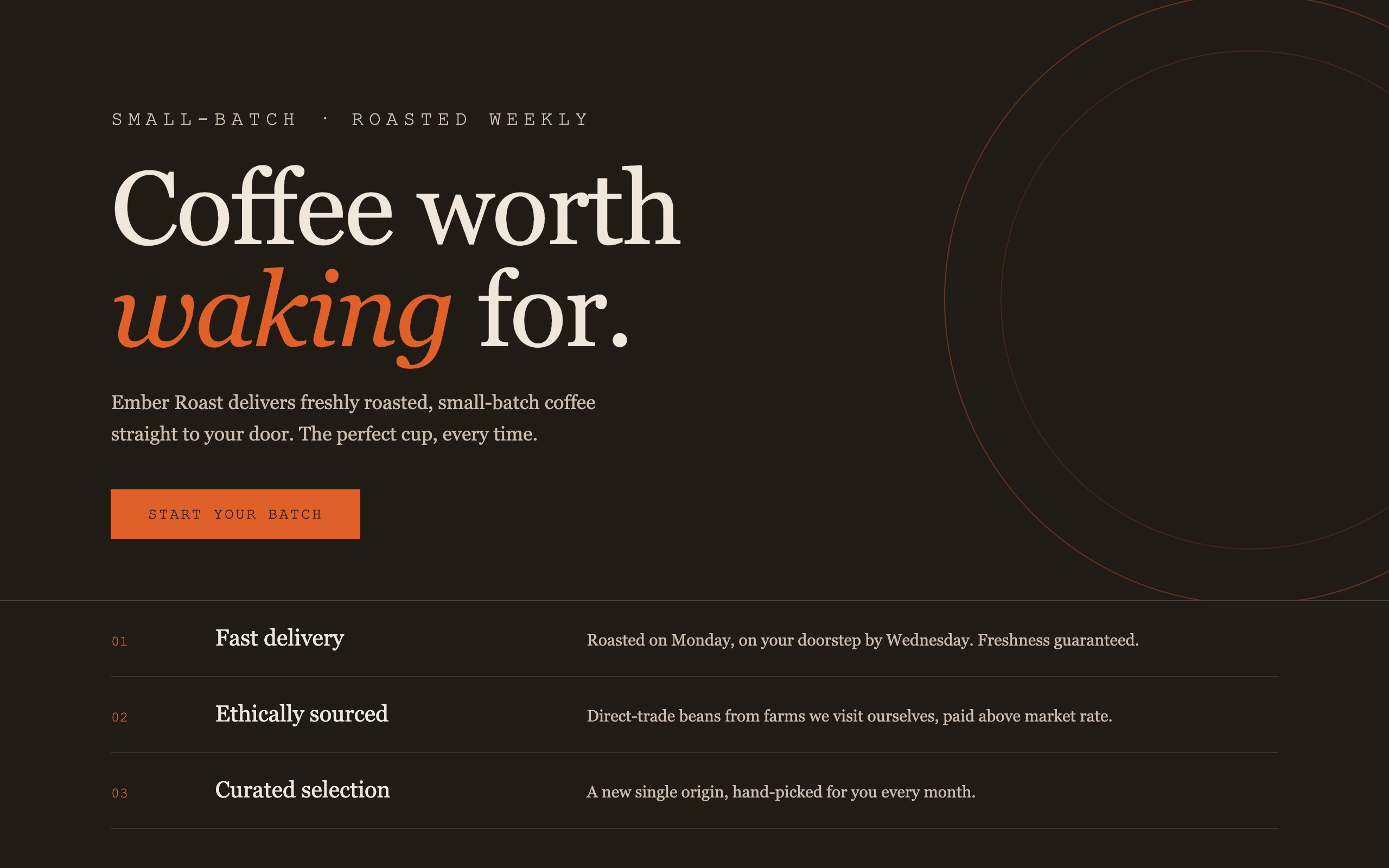 Ember Roast in the 'roastery chalkboard' direction: espresso-dark ground, oversized serif with one italic ember word, numbered ledger rows