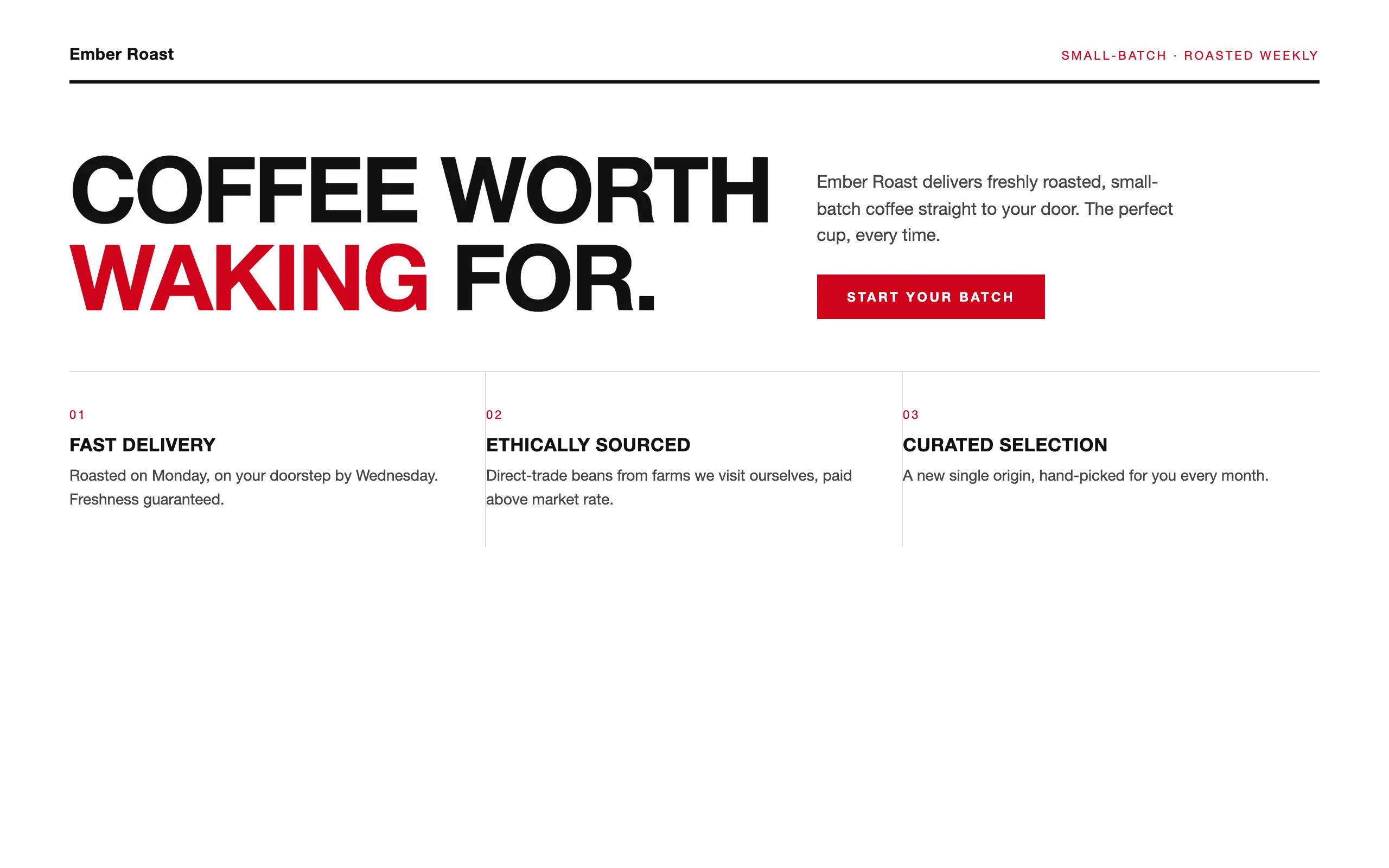 Ember Roast in the 'Swiss catalog' direction: white ground, strict grid, uppercase Helvetica, one red accent, hairline rules