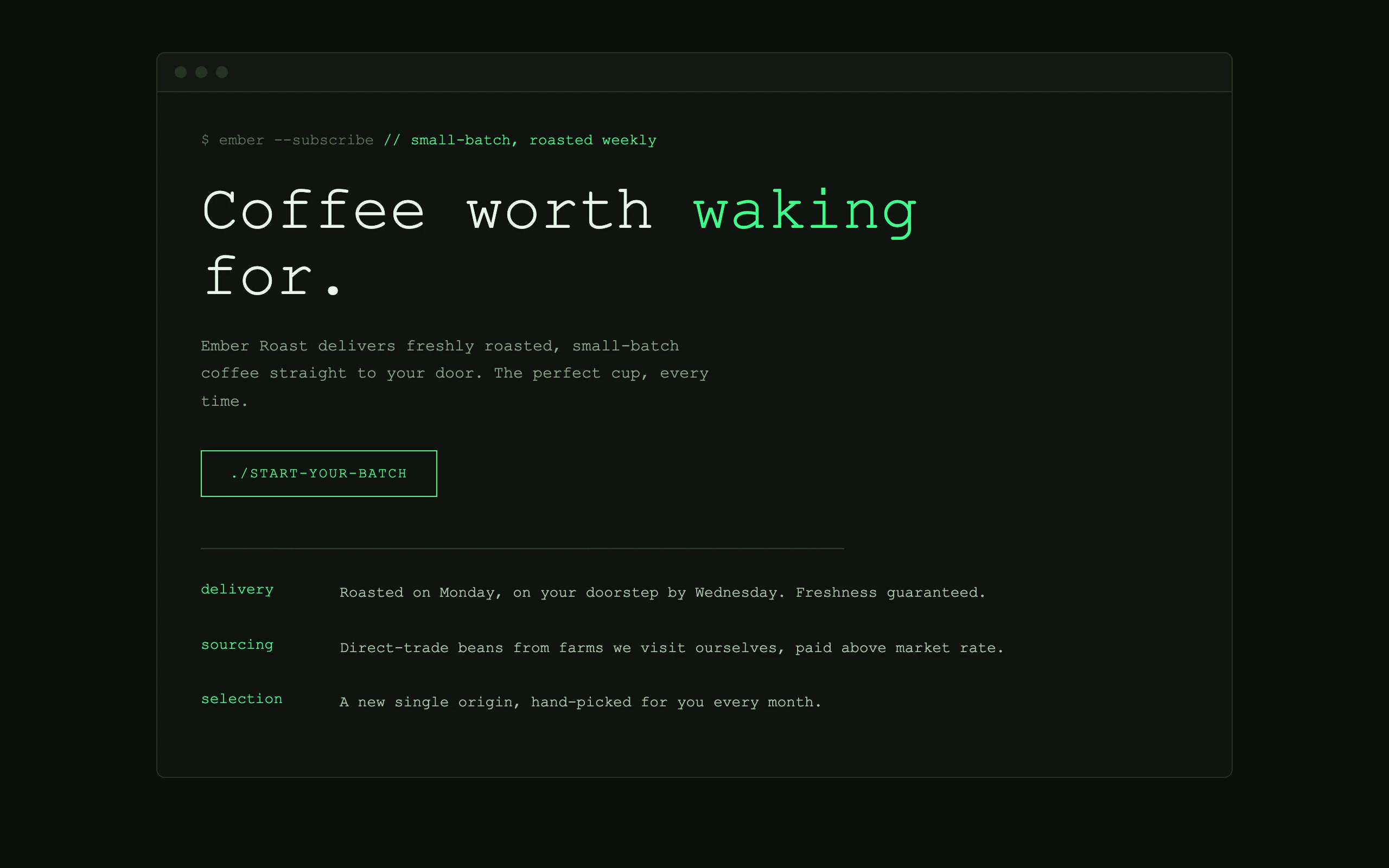 Ember Roast in the 'terminal-core' direction: phosphor green monospace on near-black, framed like a CLI session