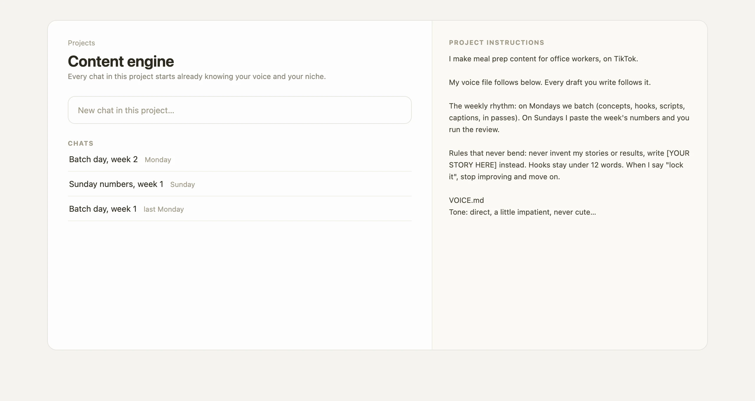 A project named Content engine with the weekly rhythm written into its instructions panel