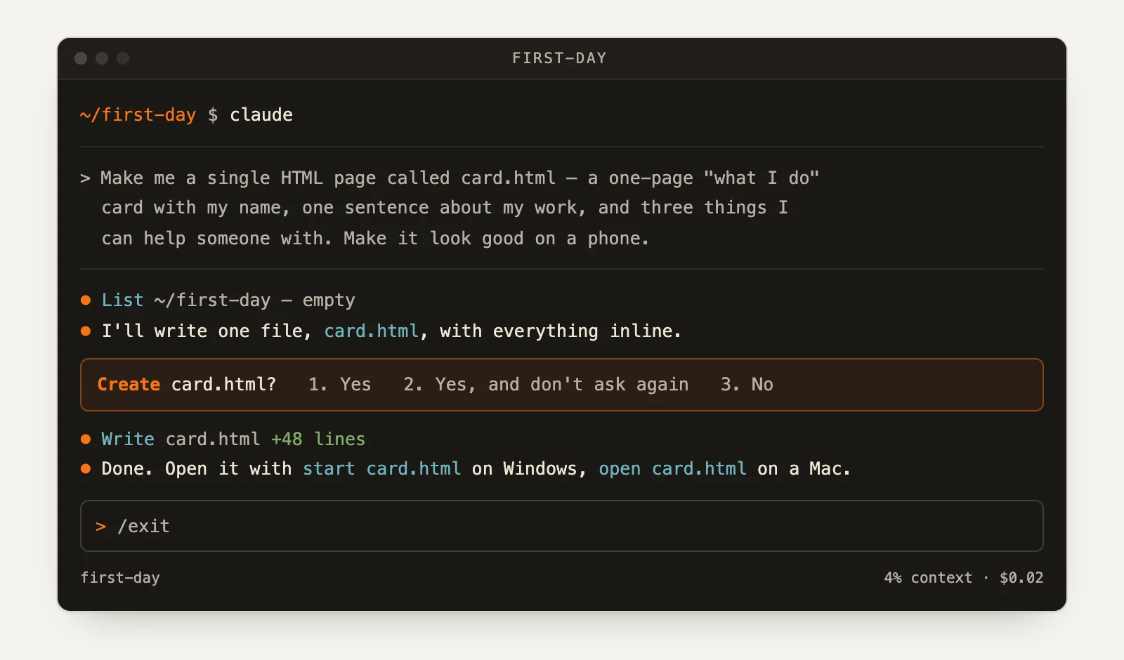 A terminal running Claude Code, writing card.html and reporting one file created
