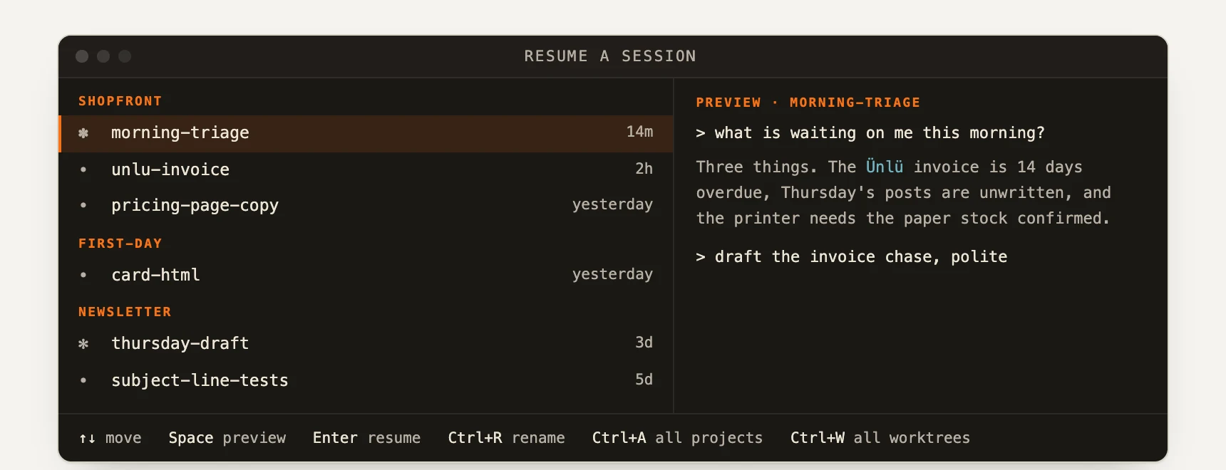 The Claude Code session picker listing named sessions grouped by project with a preview panel