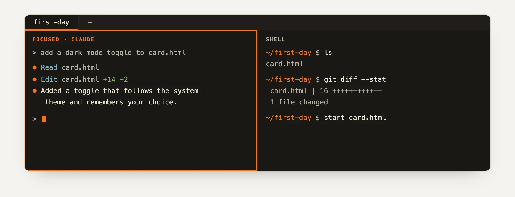 One terminal window split into two panes, Claude Code on the left and a plain shell on the right