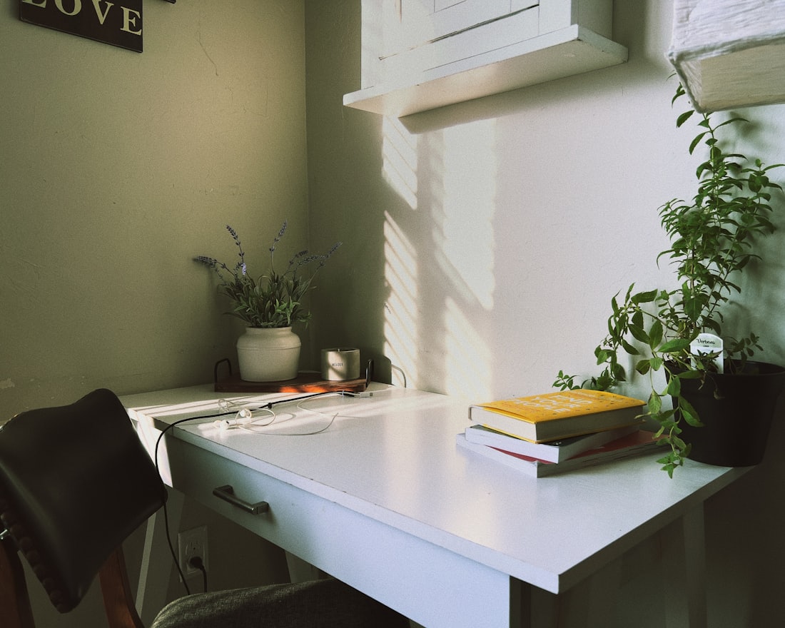 The desk where the work happens: laptop, notes and a plant by the window